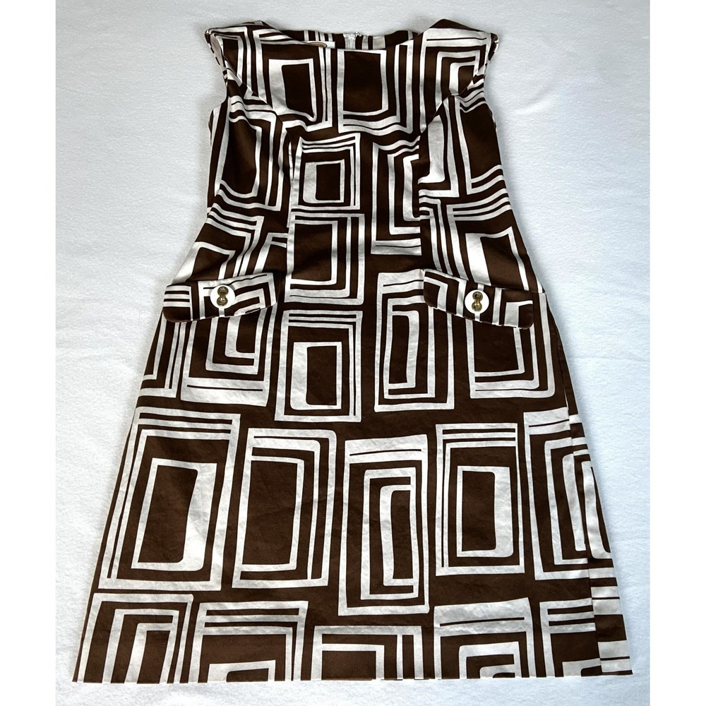 Talbots Petites Brown White Geometric Mod Shift Dress Size 2P Sleeveless A-Line